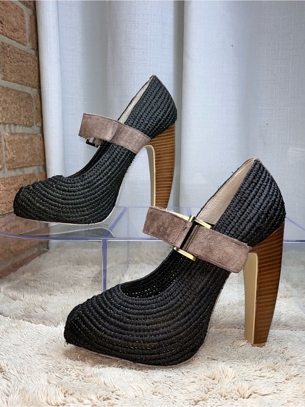 ZINC Black Woven Raffia Platform Pumps faux peep toe Wood Heel Size 7